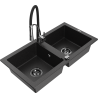 Mexen Mario granite sink 2-bowl with Aster kitchen tap, black/silver metallic - 6504-73-73450-07-B