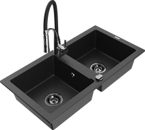 Mexen Mario granite double-bowl sink with Aster kitchen faucet, black/silver metallic - 6504-73-73450-07-B