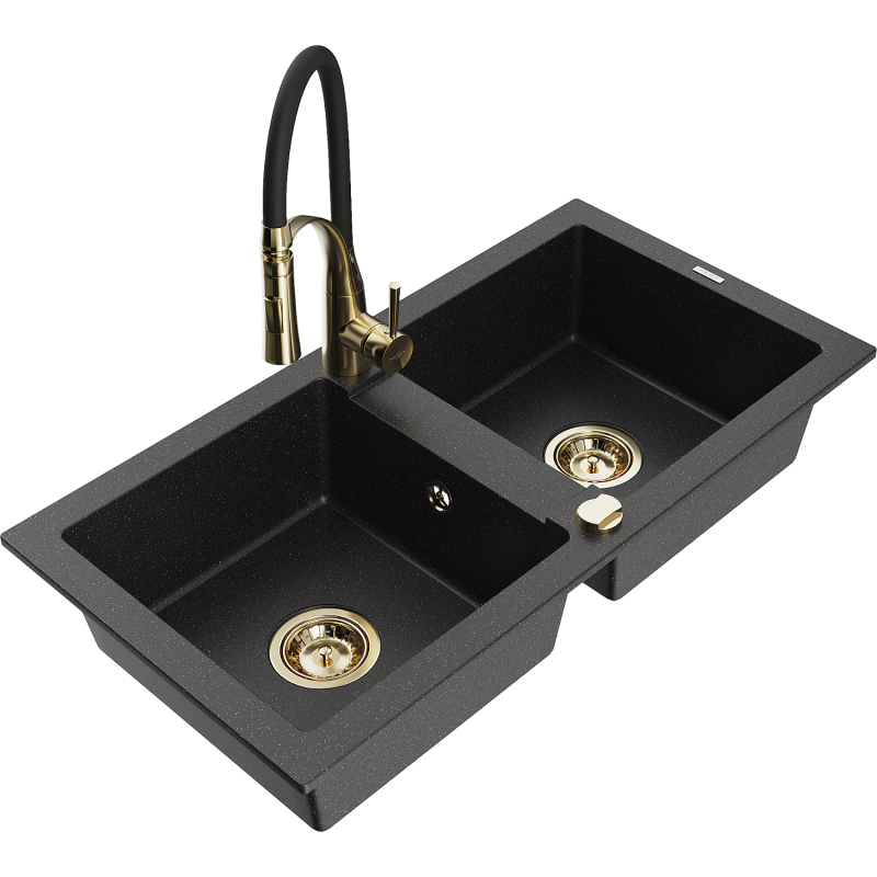 Mexen Mario Granite Kitchen Sink 2-Bowl with Aster Kitchen Tap, Black/Silver Metallic - 6504-73-73450-57-G