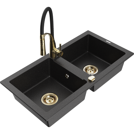 Mexen Mario 2-bowl granite sink with Aster kitchen faucet, black/silver metallic - 6504-73-73450-57-G