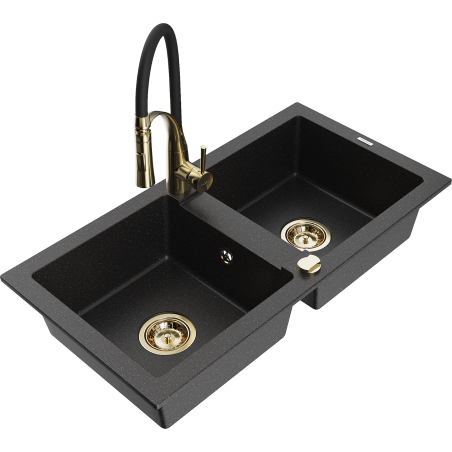 Mexen Mario Granite Kitchen Sink 2-Bowl with Aster Kitchen Tap, Black/Silver Metallic - 6504-73-73450-57-G