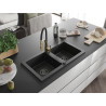 Mexen Mario 2-bowl granite sink with Aster kitchen faucet, black/silver metallic - 6504-73-73450-57-B