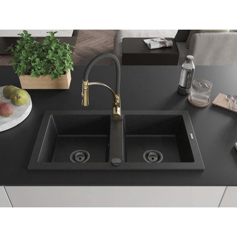 Mexen Mario 2-bowl granite sink with Aster kitchen faucet, black/silver metallic - 6504-73-73450-57-B