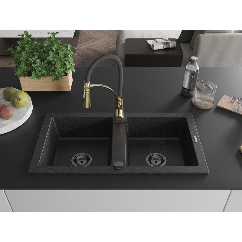 Mexen Mario granite sink with 2 bowls and Aster kitchen tap, black/silver metallic - 6504-73-73450-57-B