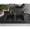 Mexen Mario granite kitchen sink 2-bowl with Aster kitchen faucet, black/silver metallic - 6504-73-73450-57-B