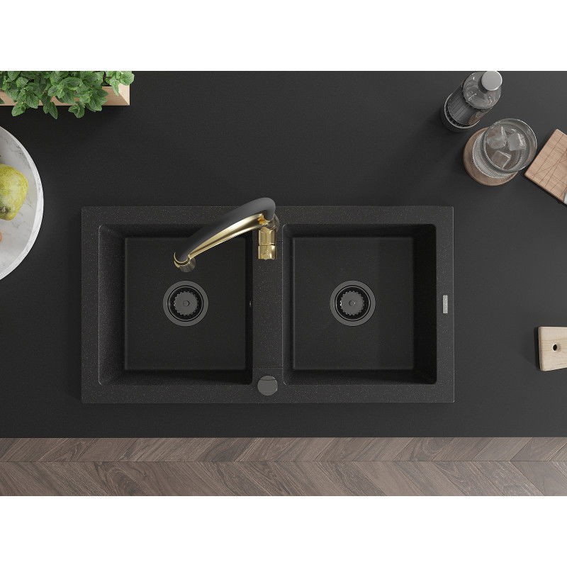 Mexen Mario granite sink with 2 bowls and Aster kitchen tap, black/silver metallic - 6504-73-73450-57-B