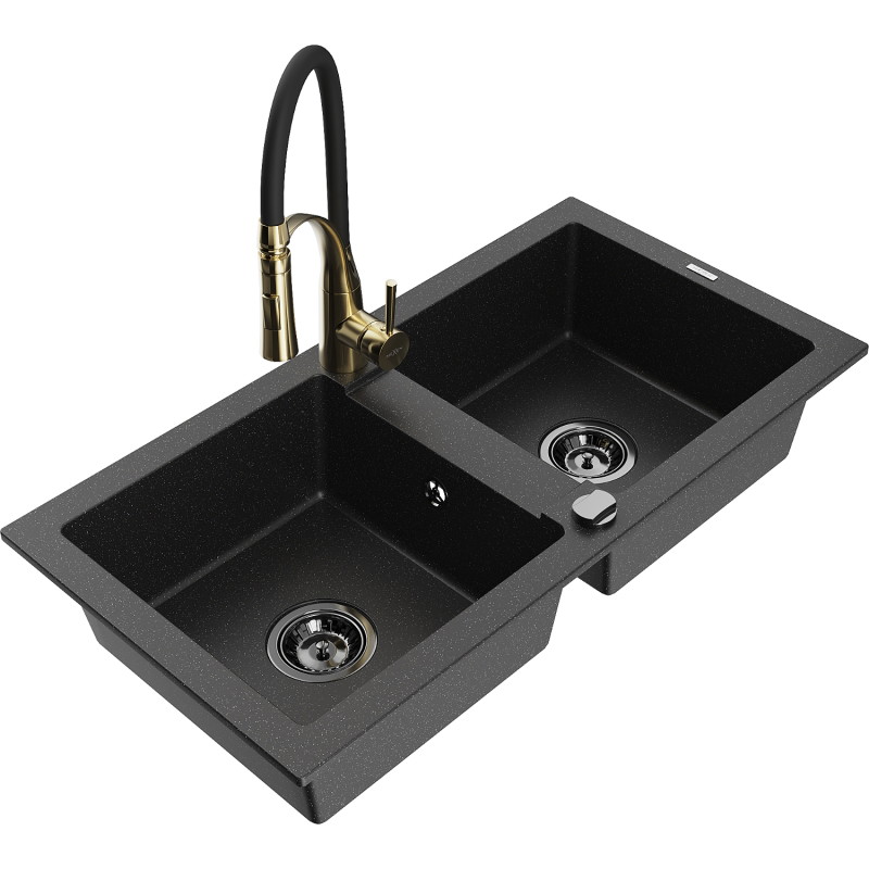 Mexen Mario 2-bowl granite sink with Aster kitchen faucet, black/silver metallic - 6504-73-73450-57-B