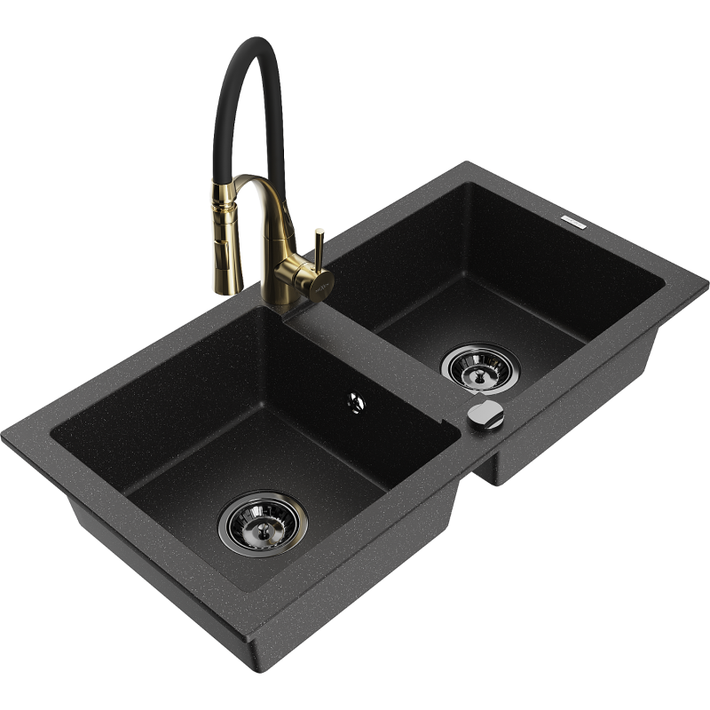 Mexen Mario granite sink with 2 bowls and Aster kitchen tap, black/silver metallic - 6504-73-73450-57-B