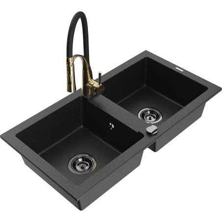 Mexen Mario 2-bowl granite sink with Aster kitchen faucet, black/silver metallic - 6504-73-73450-57-B