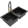 Mexen Mario granite kitchen sink 2-bowl with Aster kitchen faucet, black/silver metallic - 6504-73-73450-57-B