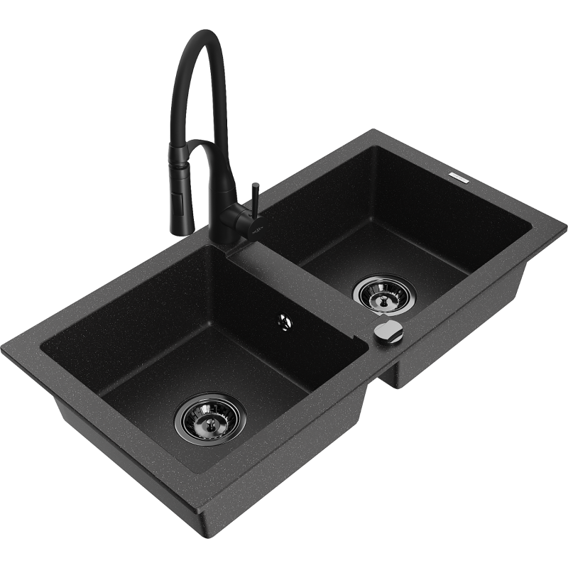 Mexen Mario granite sink 2-chamber with Aster kitchen tap, black/silver metallic - 6504-73-73450-70-B