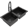 Mexen Mario granite double-bowl sink with kitchen faucet Aster, black/silver metallic - 6504-73-73450-70-B