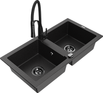 Mexen Mario granite double-bowl sink with Aster kitchen faucet, black/silver metallic - 6504-73-73450-70-B