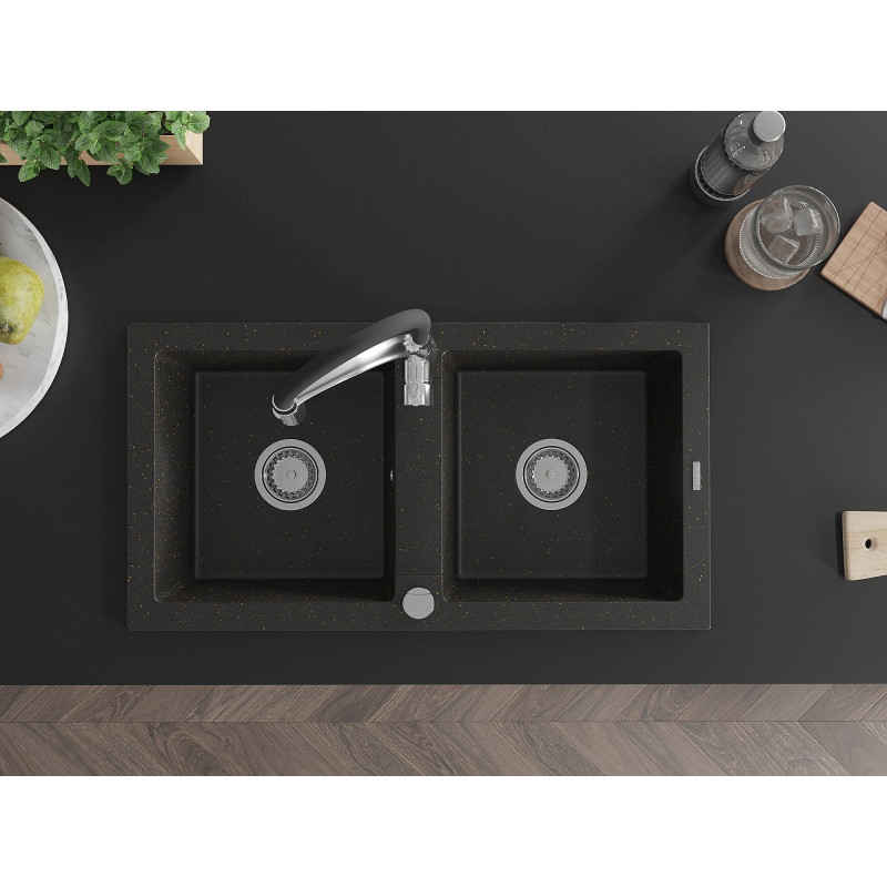 Mexen Mario granite sink 2-chamber with kitchen faucet Aster, black/golden metallic - 6504-75-73450-07