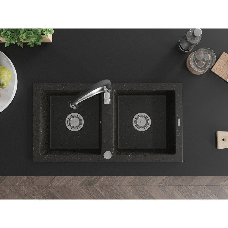 Mexen Mario granite sink double bowl with Aster kitchen tap, black/gold metallic - 6504-75-73450-07
