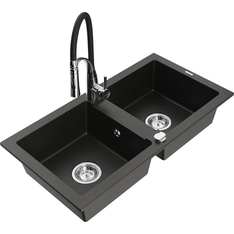 Mexen Mario granite sink 2-chamber with kitchen faucet Aster, black/golden metallic - 6504-75-73450-07