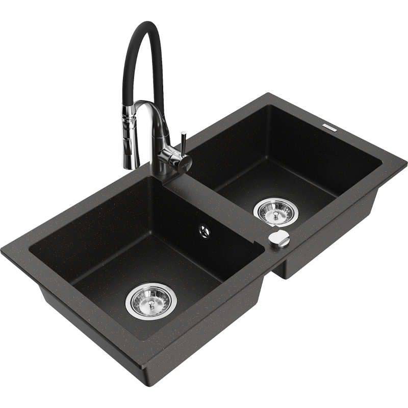 Mexen Mario granite sink double bowl with Aster kitchen tap, black/gold metallic - 6504-75-73450-07