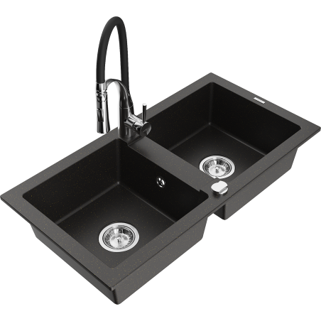 Mexen Mario granite sink 2-chamber with kitchen faucet Aster, black/golden metallic - 6504-75-73450-07