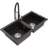 Mexen Mario granite sink double bowl with Aster kitchen tap, black/gold metallic - 6504-75-73450-07