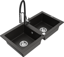 Mexen Mario granite sink 2-bowl with kitchen faucet Aster, black/gold metallic - 6504-75-73450-07