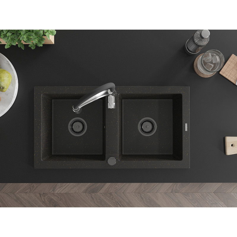 Mexen Mario double granite sink with Aster kitchen tap, black/gold metallic - 6504-75-73450-07-B