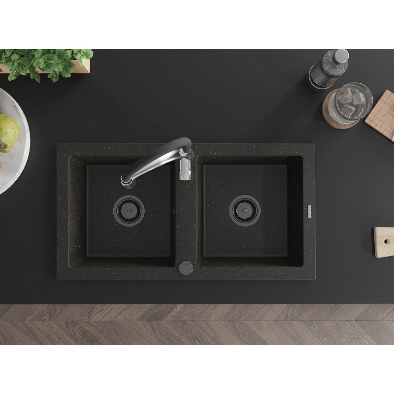 Mexen Mario granite double-bowl kitchen sink with Aster kitchen faucet, black/gold metallic - 6504-75-73450-07-B