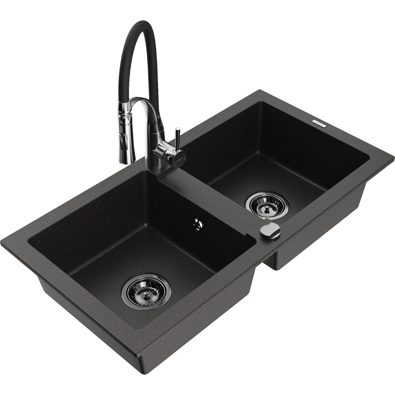 Mexen Mario double granite sink with Aster kitchen tap, black/gold metallic - 6504-75-73450-07-B
