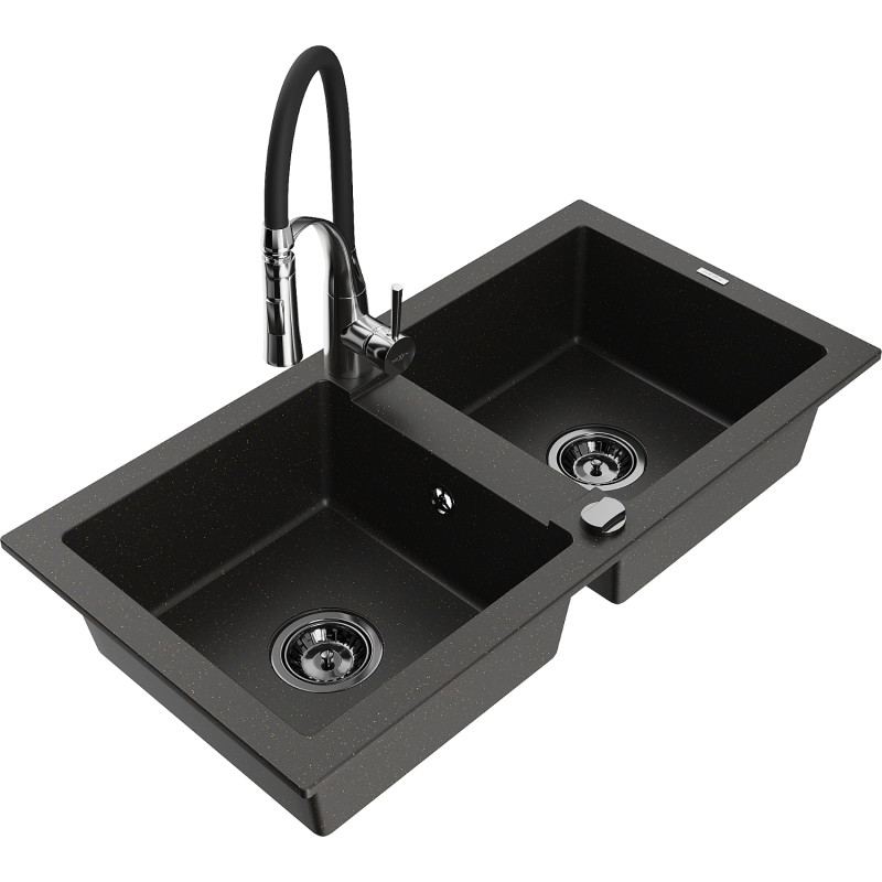 Mexen Mario granite double-bowl kitchen sink with Aster kitchen faucet, black/gold metallic - 6504-75-73450-07-B