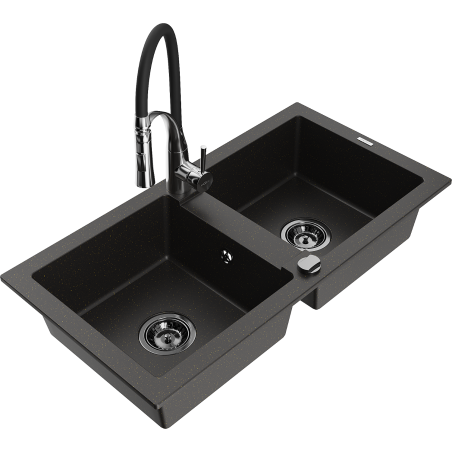 Mexen Mario double granite sink with Aster kitchen tap, black/gold metallic - 6504-75-73450-07-B