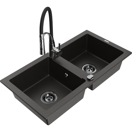 Mexen Mario granite double-bowl kitchen sink with Aster kitchen faucet, black/gold metallic - 6504-75-73450-07-B