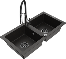 Mexen Mario granite double-bowl sink with Aster kitchen faucet, black/gold metallic - 6504-75-73450-07-B