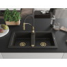 Mexen Mario granite 2-bowl kitchen sink with Aster faucet, black/gold metallic - 6504-75-73450-57-G