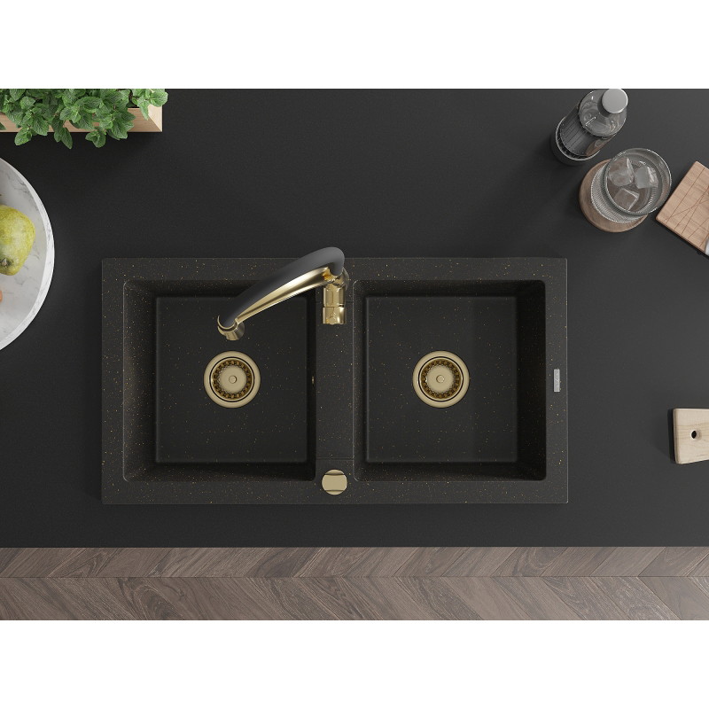 Mexen Mario granite double-bowl kitchen sink with Aster faucet, black/gold metallic - 6504-75-73450-57-G