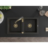 Mexen Mario granite double-bowl kitchen sink with Aster faucet, black/gold metallic - 6504-75-73450-57-G