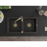 Mexen Mario granite sink 2-bowl with Aster kitchen tap, black/golden metallic - 6504-75-73450-57-G