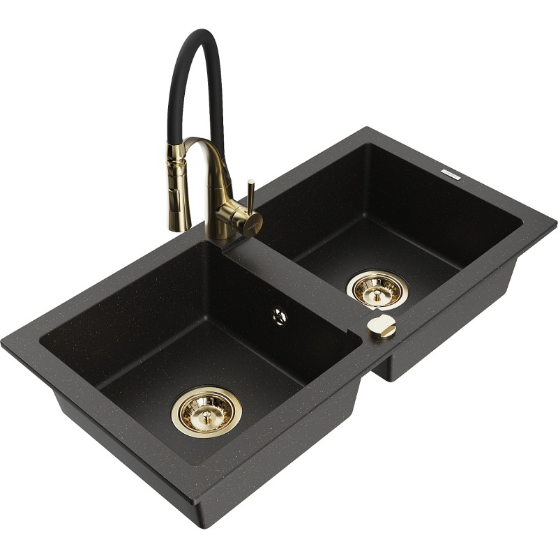 Mexen Mario granite double-bowl kitchen sink with Aster faucet, black/gold metallic - 6504-75-73450-57-G