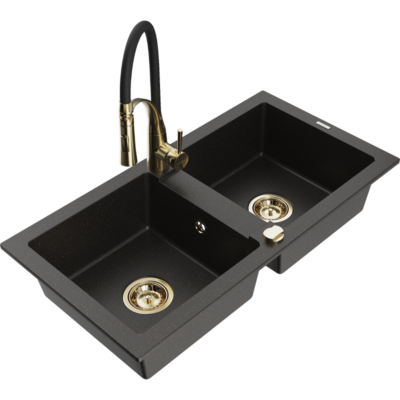 Mexen Mario granite sink 2-bowl with Aster kitchen tap, black/golden metallic - 6504-75-73450-57-G