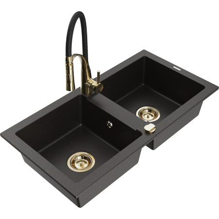 Mexen Mario granite 2-bowl kitchen sink with Aster faucet, black/gold metallic - 6504-75-73450-57-G