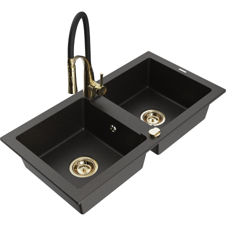 Mexen Mario granite sink 2-bowl with Aster kitchen tap, black/golden metallic - 6504-75-73450-57-G