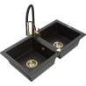 Mexen Mario granite double-bowl kitchen sink with Aster faucet, black/gold metallic - 6504-75-73450-57-G