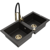 Mexen Mario granite sink 2-bowl with Aster kitchen tap, black/golden metallic - 6504-75-73450-57-G