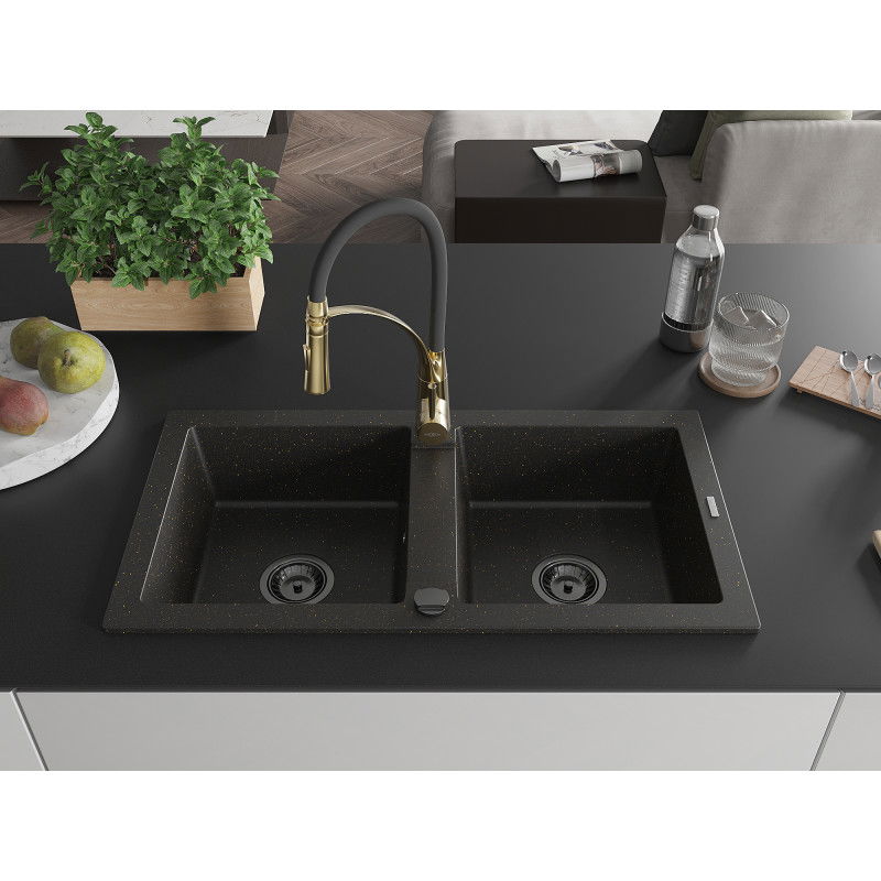 Mexen Mario granite sink 2-bowl with Aster kitchen tap, black/gold metallic - 6504-75-73450-57-B