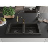 Mexen Mario granite double-bowl sink with Aster kitchen faucet, black/gold metallic - 6504-75-73450-57-B