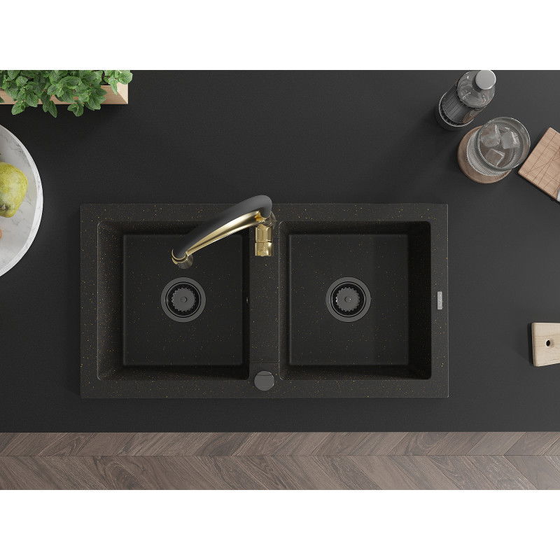 Mexen Mario granite sink 2-bowl with Aster kitchen tap, black/gold metallic - 6504-75-73450-57-B