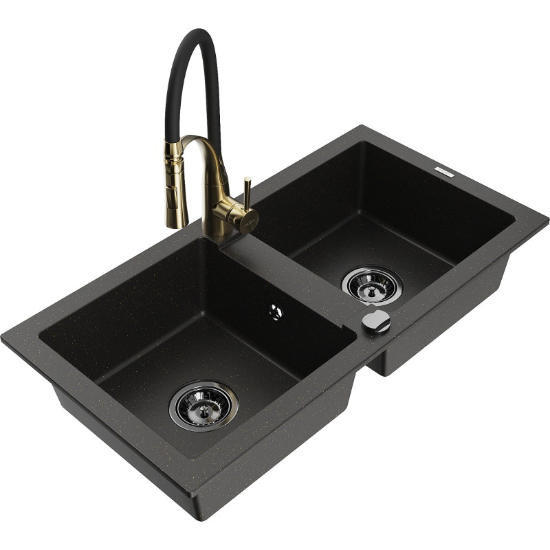 Mexen Mario 2-bowl granite kitchen sink with Aster faucet, black/gold metallic - 6504-75-73450-57-B