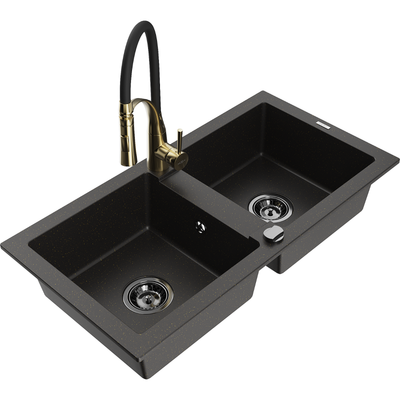 Mexen Mario granite sink 2-bowl with Aster kitchen tap, black/gold metallic - 6504-75-73450-57-B