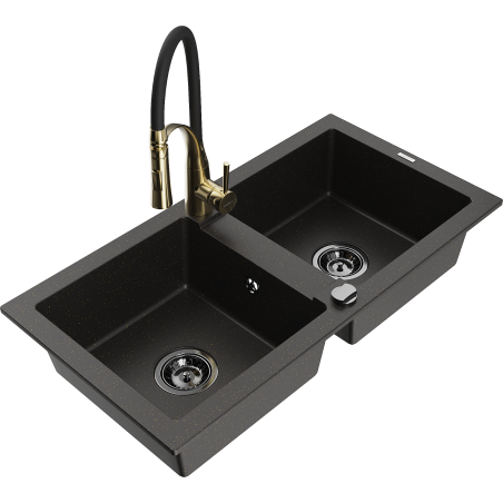 Mexen Mario granite double-bowl sink with Aster kitchen faucet, black/gold metallic - 6504-75-73450-57-B