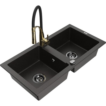 Mexen Mario granite sink 2-bowl with Aster kitchen tap, black/gold metallic - 6504-75-73450-57-B