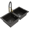 Mexen Mario granite double-bowl sink with Aster kitchen faucet, black/gold metallic - 6504-75-73450-57-B