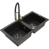 Mexen Mario granite sink 2-bowl with Aster kitchen tap, black/gold metallic - 6504-75-73450-57-B